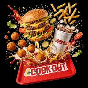 Cookout tray with a double cheeseburger, fries, hushpuppies and a cup of soda splashing upward